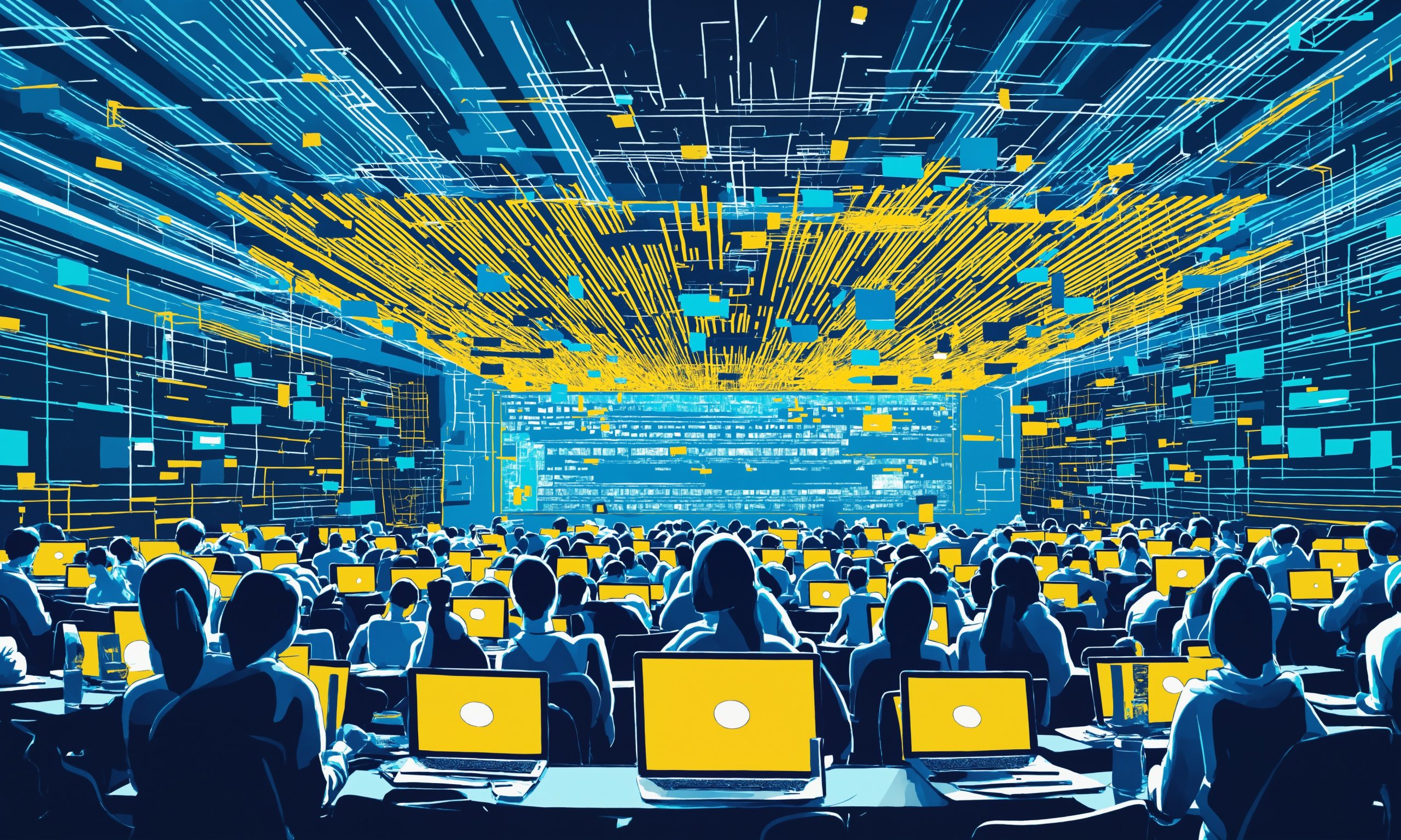A large audience sits in a dark room with laptops, illuminated by colorful digital graphics and data streams on a screen.