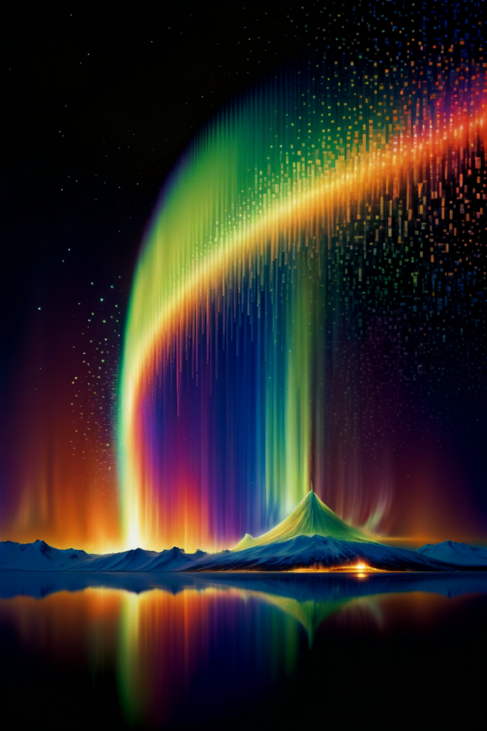 A vibrant display of colorful auroras arcs over a mountain, reflecting in a calm body of water below.