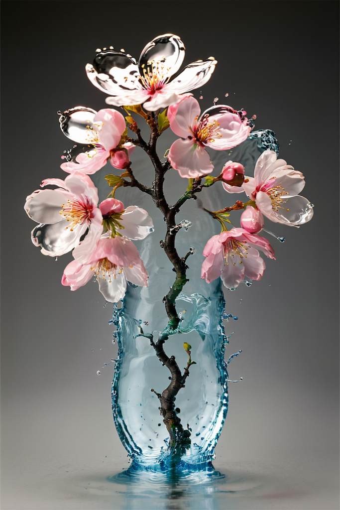 A blue vase with a branch of pink flowers is surrounded by splashes of water, creating a dynamic and artistic effect.