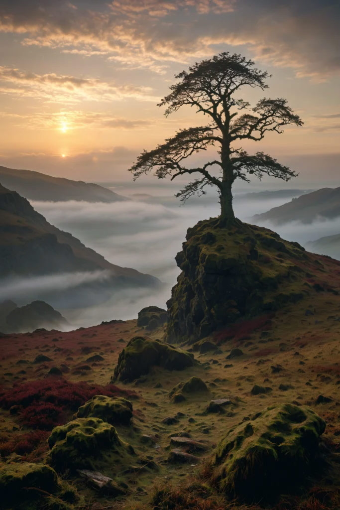 A solitary tree stands on a rocky outcrop, surrounded by misty valleys and a sunset sky.