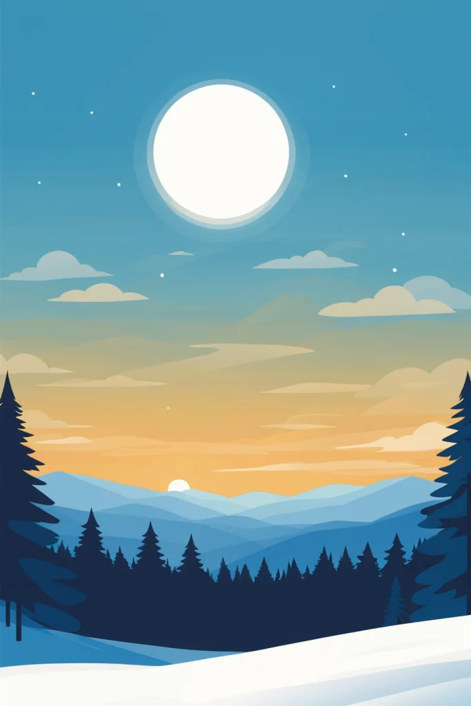 A winter landscape featuring snow-covered hills, evergreen trees, and a large moon in a blue sky with soft clouds.