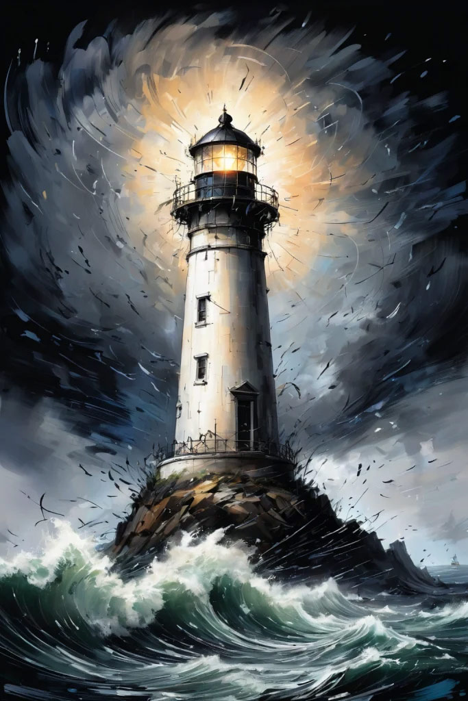 A lighthouse stands on a rocky outcrop, illuminated against a stormy sky with crashing waves around it.