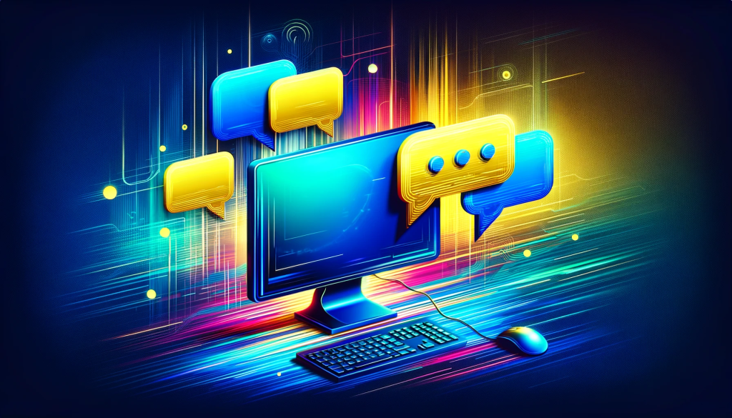 A computer monitor with chat bubbles and a keyboard, set against a vibrant, colorful background representing digital communication.