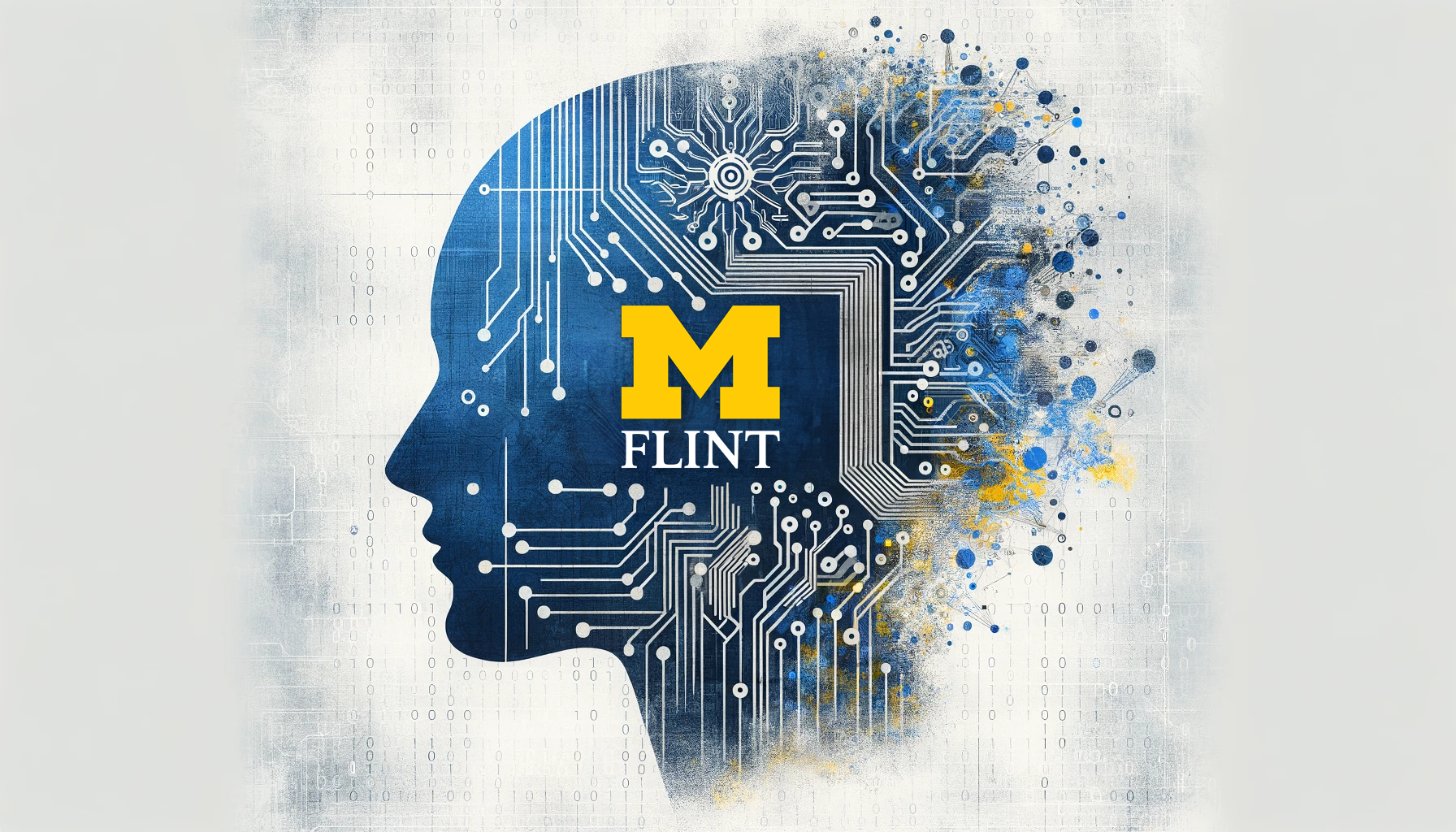 A graphic of a human head silhouette filled with circuit patterns, featuring the text "M FLINT" in yellow and blue.