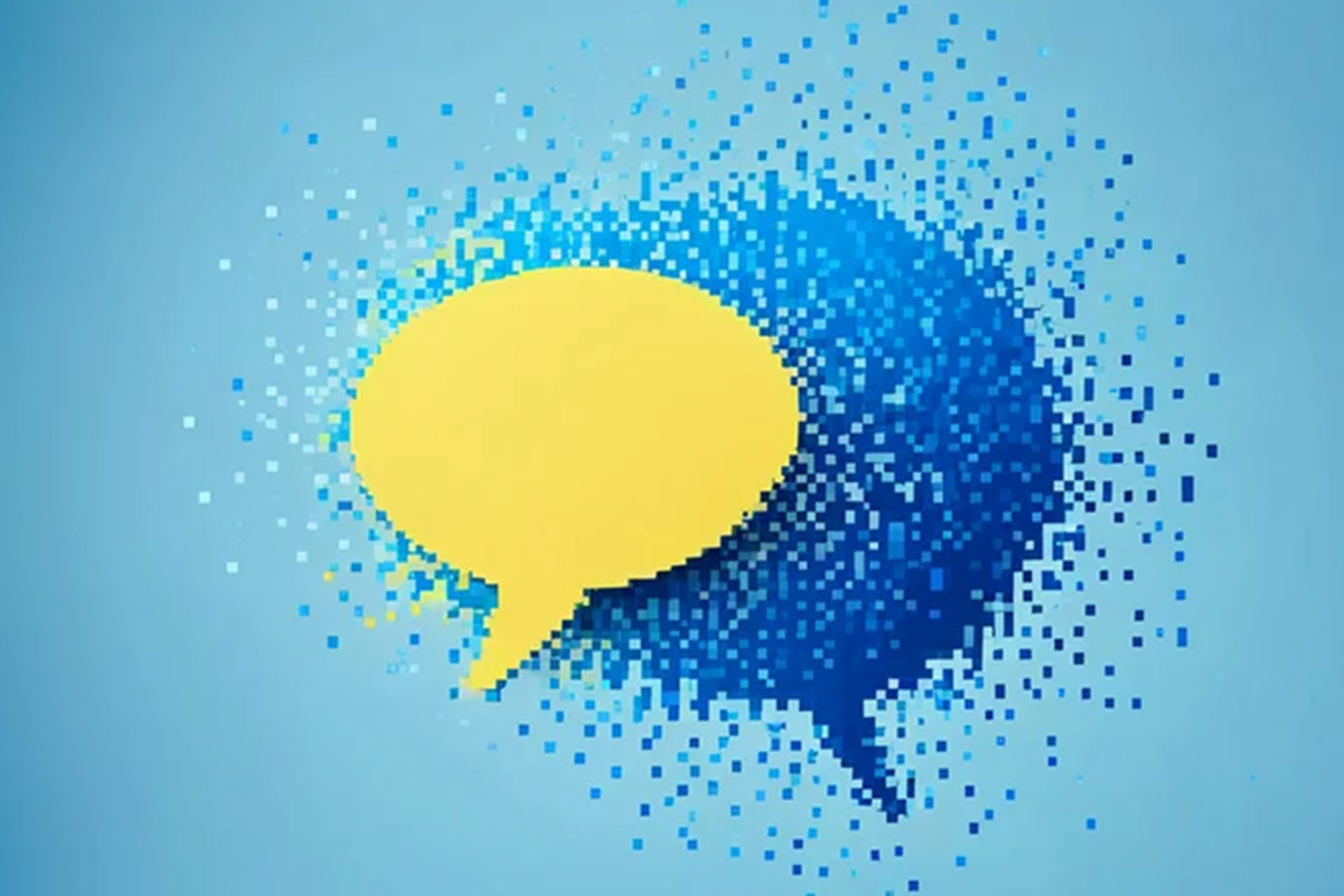 A yellow speech bubble is surrounded by a blue pixelated background, creating a digital effect.
