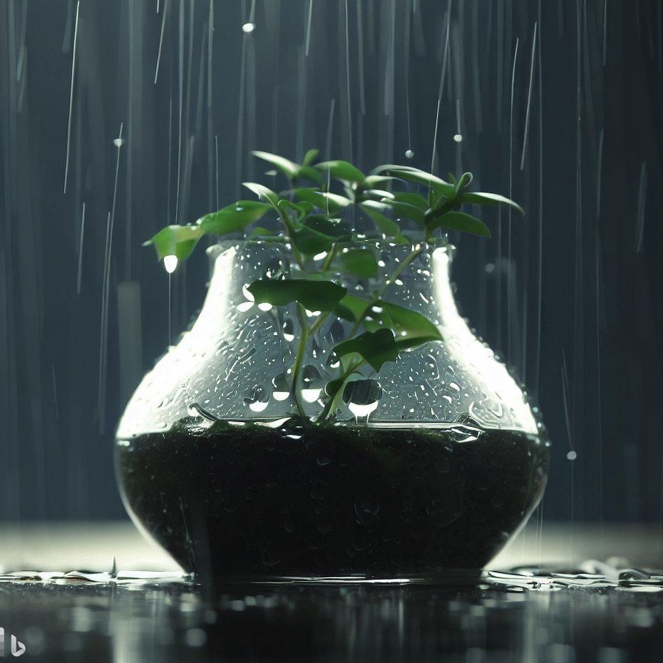 A small plant in a glass vase sits on a surface, with rain falling around it, creating droplets on the vase.