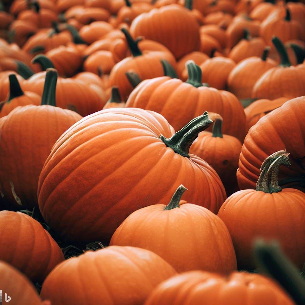 A close-up view of numerous orange pumpkins clustered together in a field.
