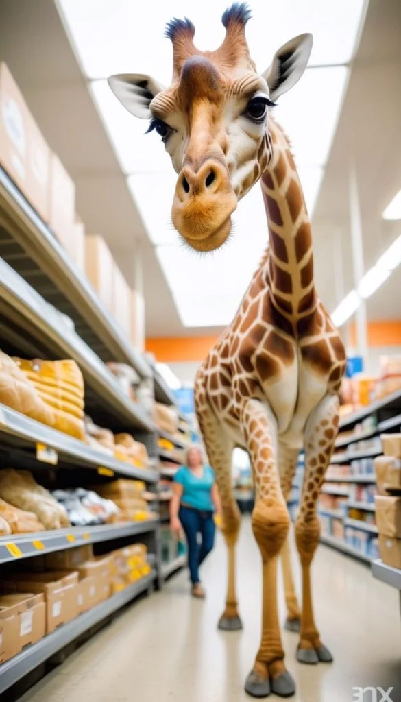 A giraffe stands in a grocery store aisle, with shelves of products on either side and a person walking in the background.