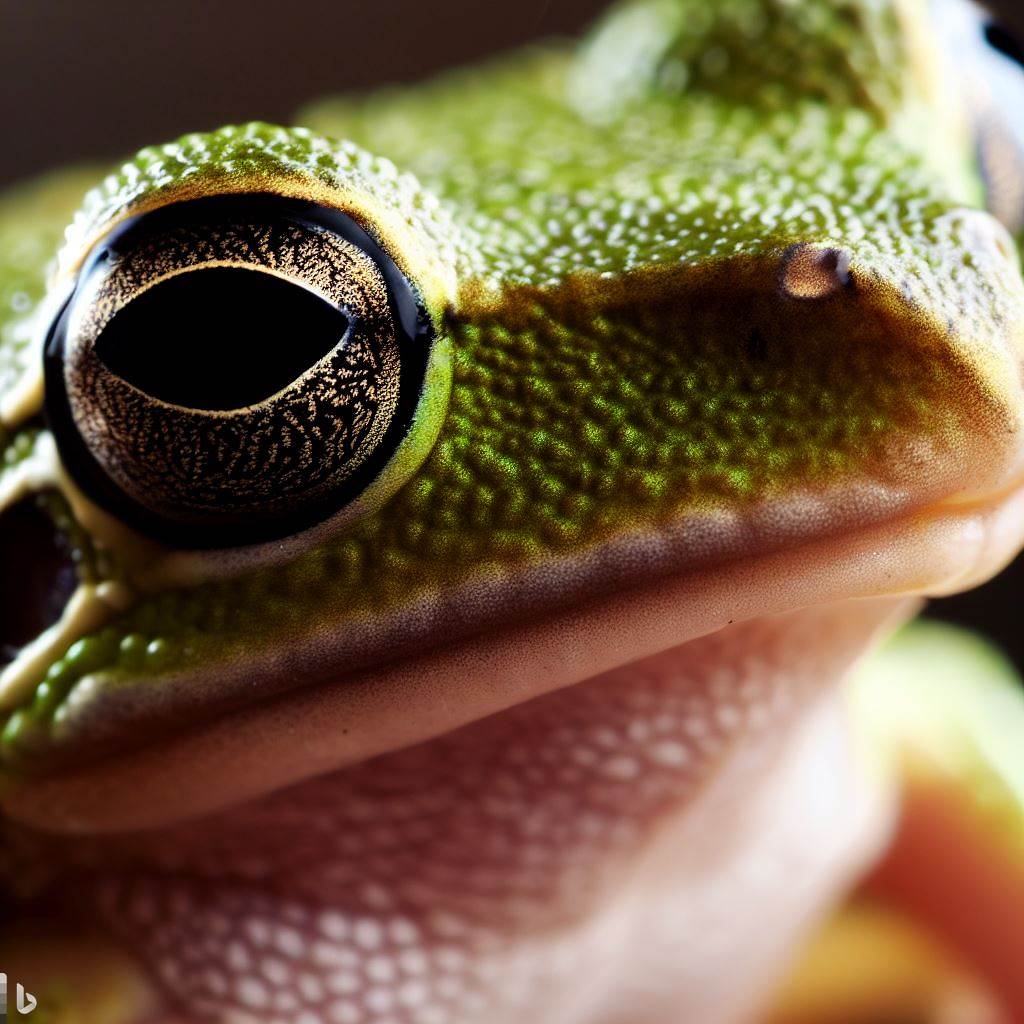 Close-up of a green frog's face, highlighting its large, dark eye and textured skin.