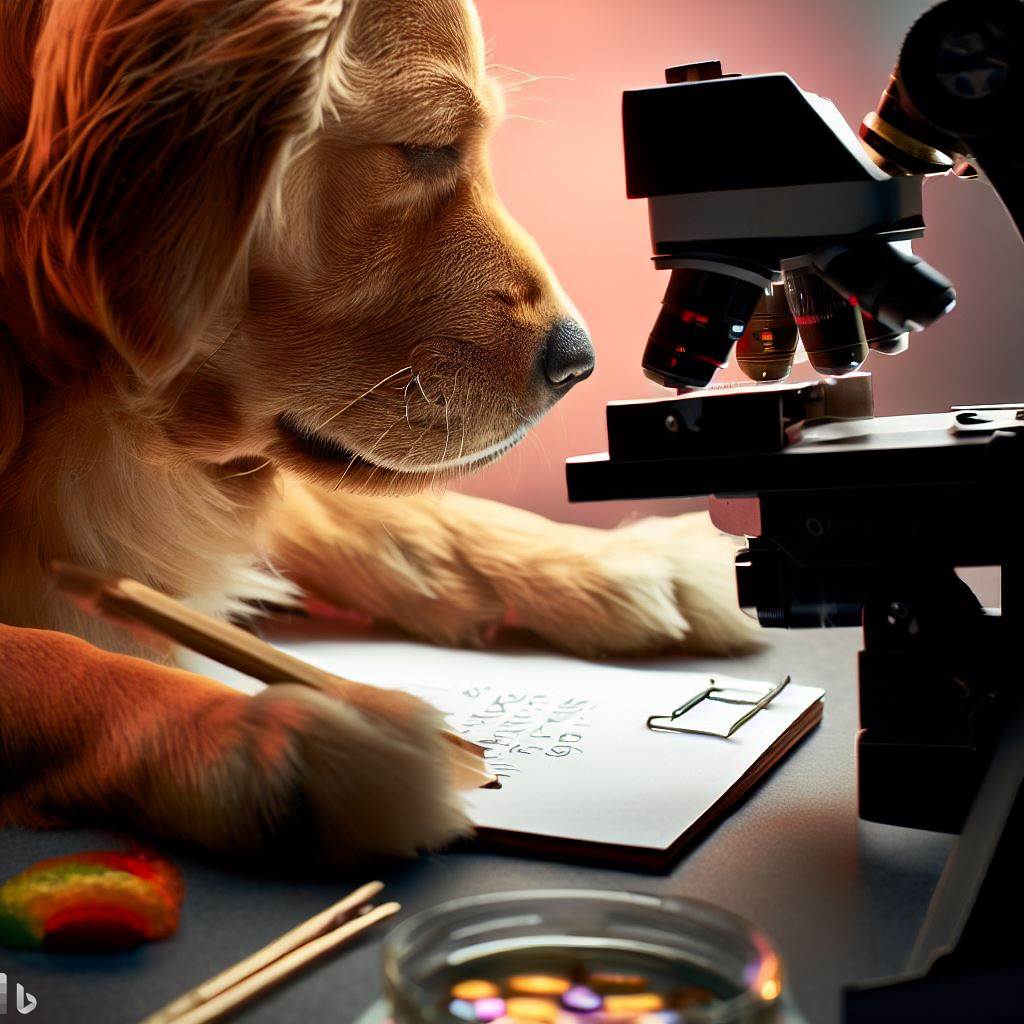 A dog observes a microscope while holding a pencil over a sheet of paper with drawings, surrounded by colorful objects.