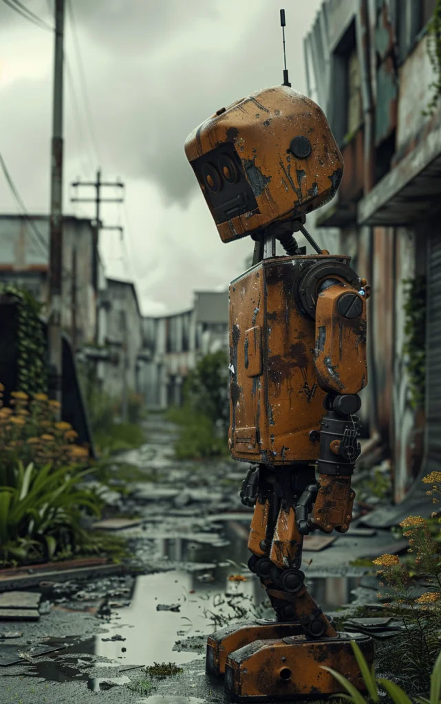 A rusty, orange robot stands in a deserted alley, surrounded by overgrown plants and puddles on the ground.