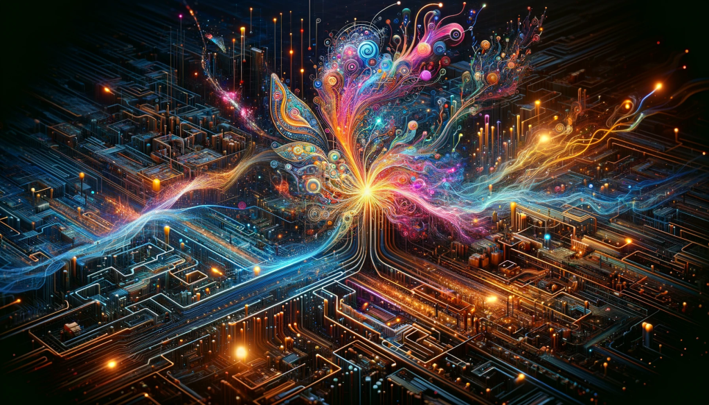 A vibrant explosion of colorful patterns and light emerges from a network of circuit-like structures, symbolizing creativity and technology.