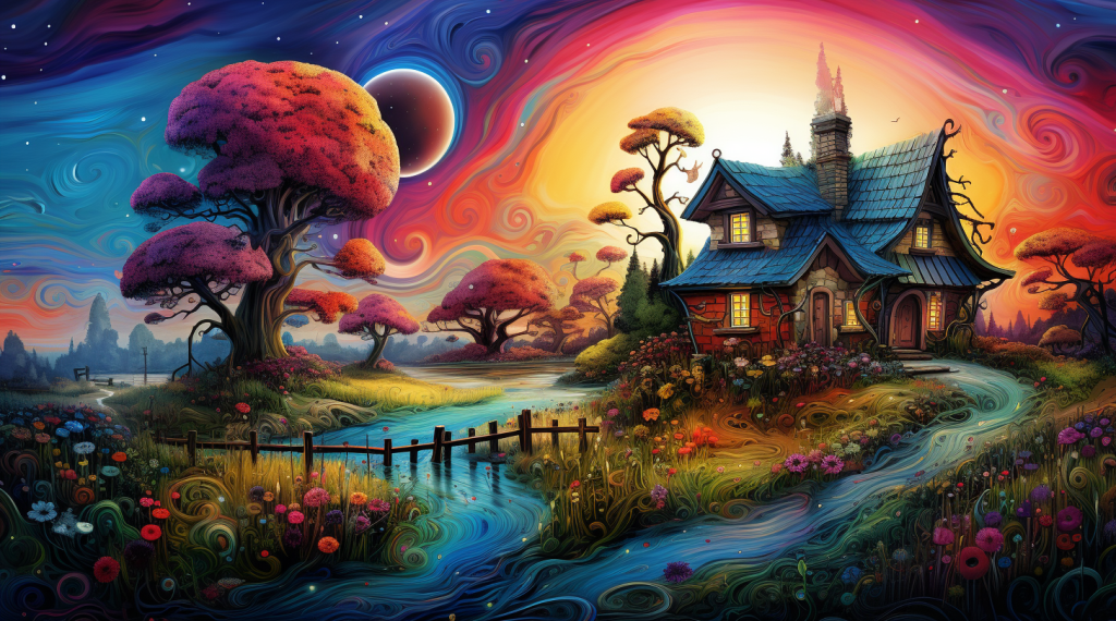 A colorful, surreal landscape featuring a whimsical house, vibrant trees, a winding river, and a starry sky with two celestial bodies.