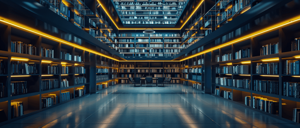A modern library interior with tall bookshelves filled with books, illuminated by warm lighting, and a seating area in the center.