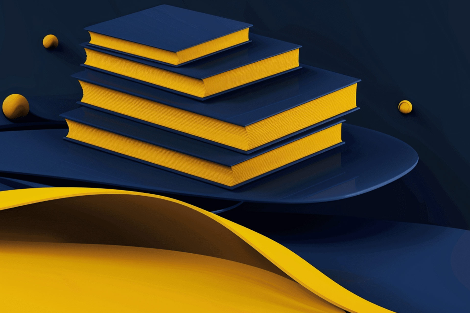 A stack of blue and yellow books is displayed against a dark background, with abstract shapes and spheres surrounding them.
