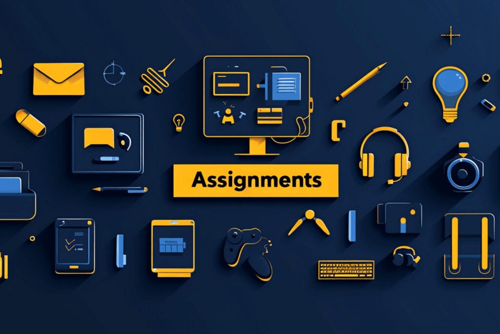 A collection of icons related to assignments, including a computer, light bulb, headphones, and various stationery items, on a dark background.