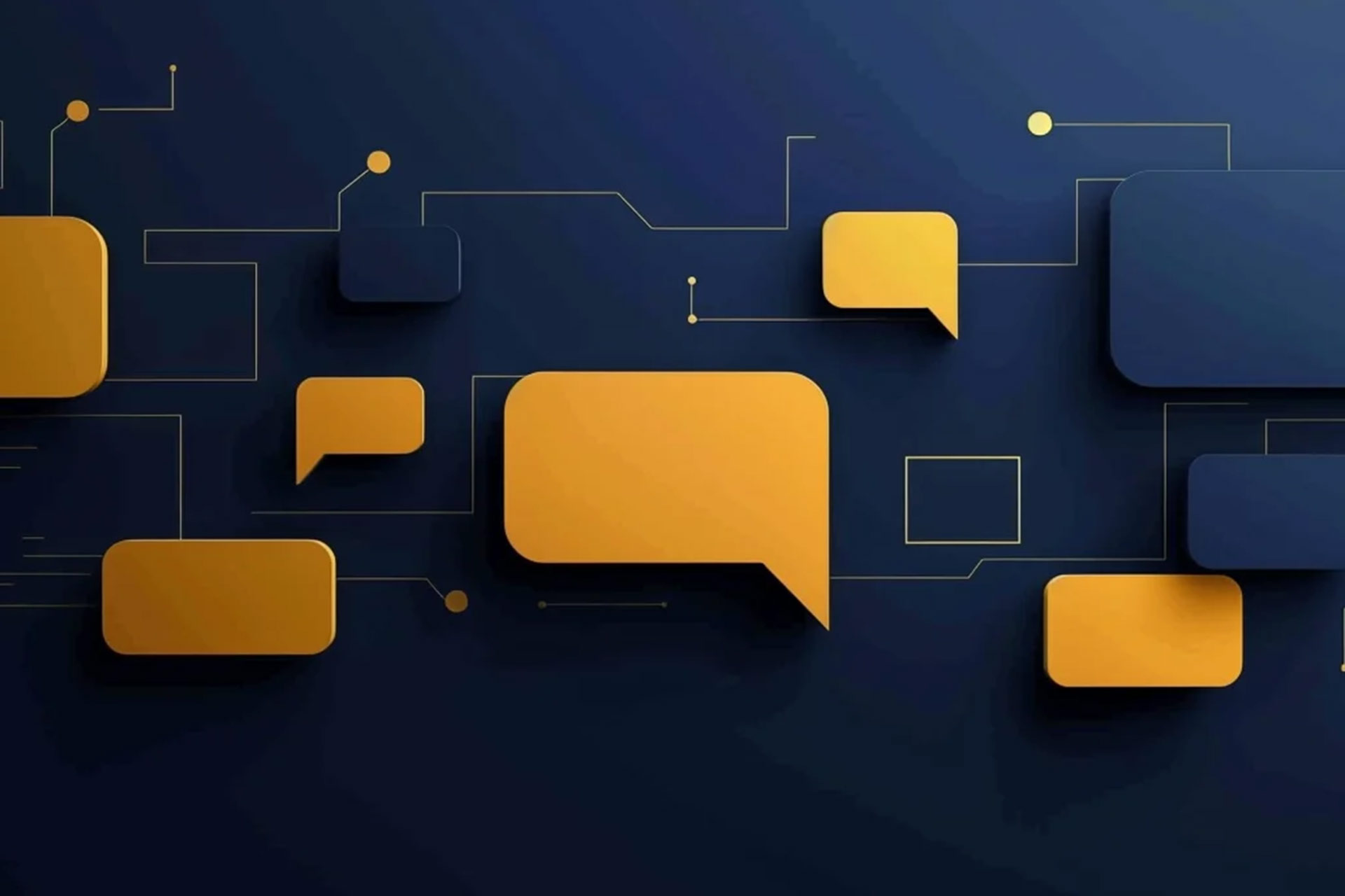 Graphic featuring various speech bubble shapes in yellow and dark blue against a dark background, connected by lines.