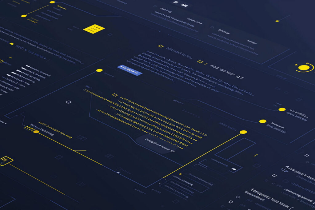 A dark interface design featuring various text boxes, buttons, and icons in yellow and white, arranged in a structured layout.