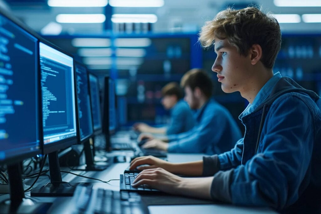 A person focused on coding at a computer in a tech environment, with other individuals working at nearby screens.