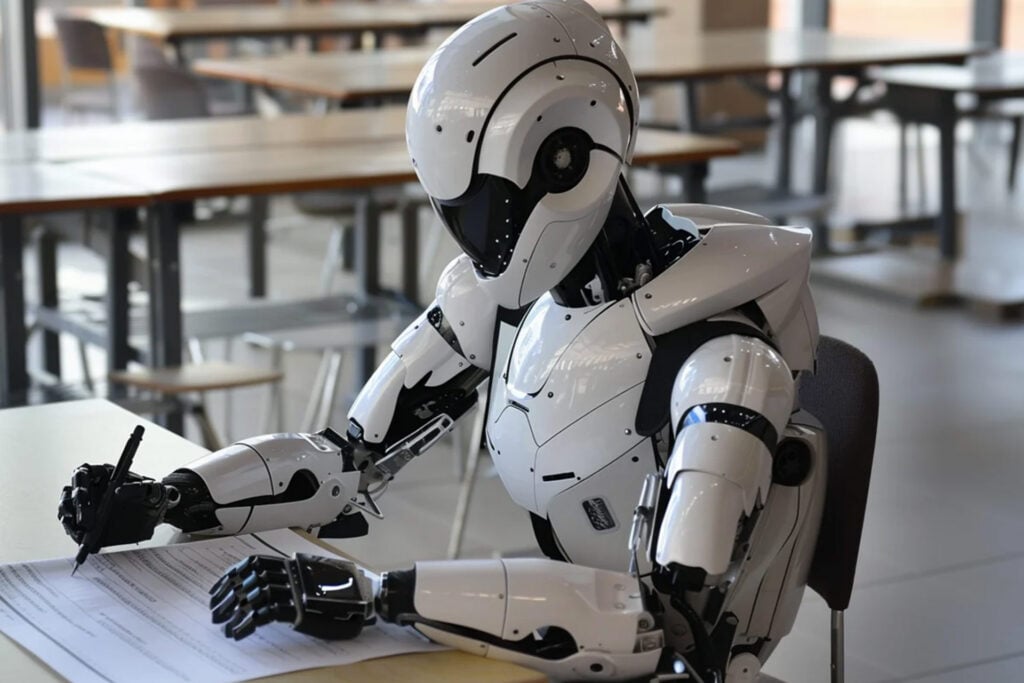 A humanoid robot is sitting at a table, writing on a sheet of paper with a pen.