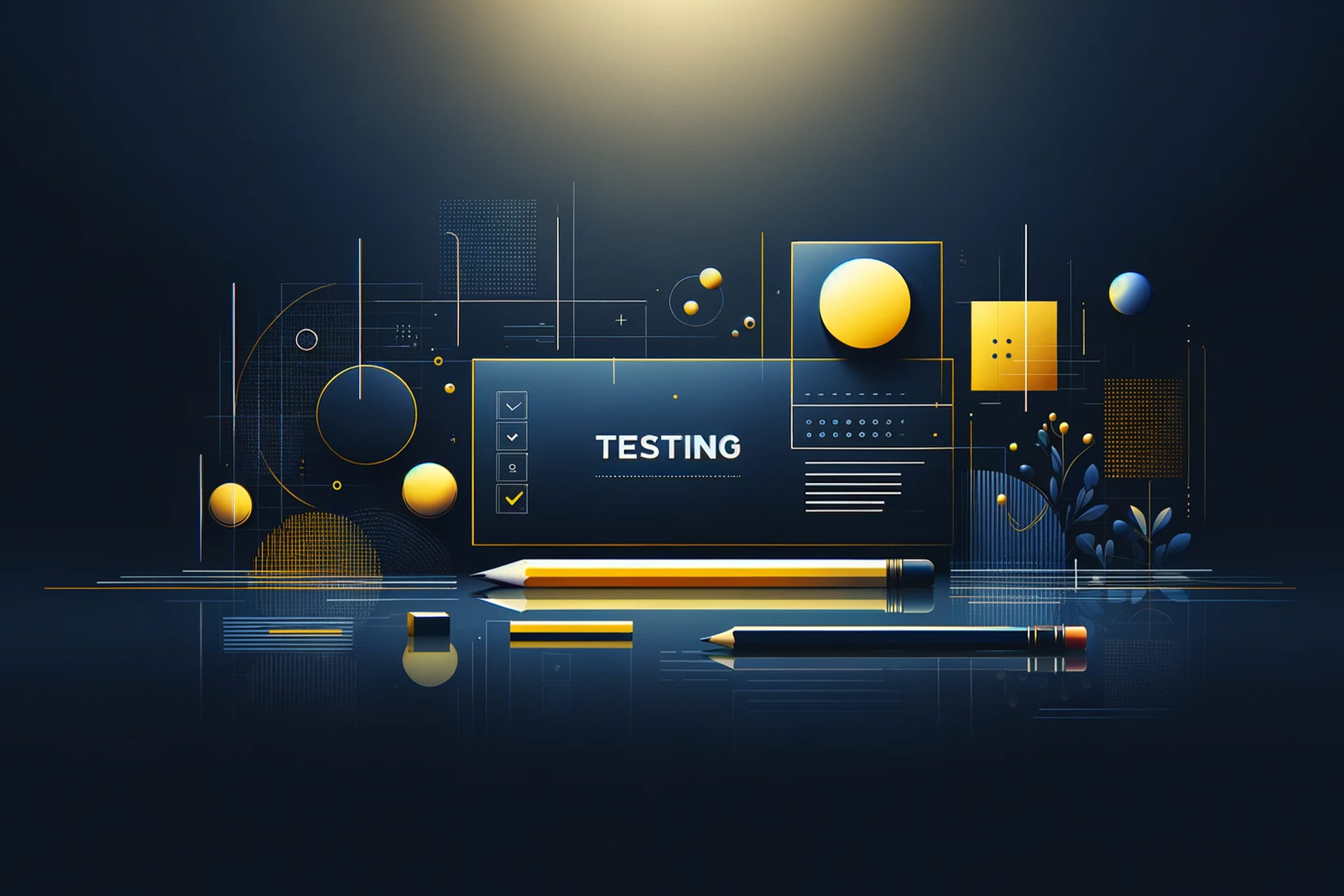 A digital illustration featuring geometric shapes, a pencil, and the word "TESTING" on a dark background.