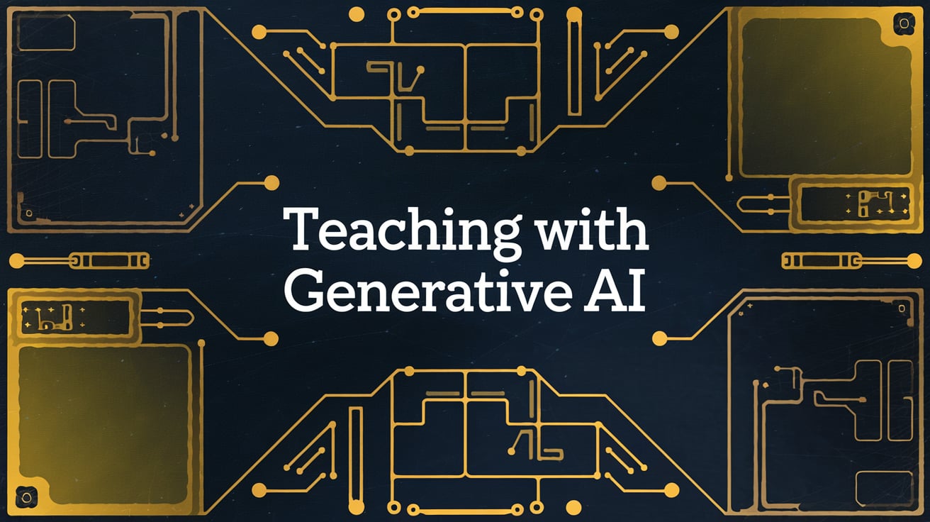 Text on a circuit board background reads: "Teaching with Generative AI."