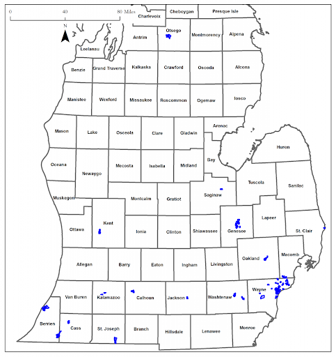 A map of Michigan showing counties, with blue dots indicating specific locations or features within the state.