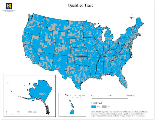 Map of the United States showing areas designated as "Qualified Tract" in blue, with insets for Alaska and Hawaii.