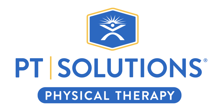 PT Solutions Physical Therapy logo featuring a hexagon with a stylized figure and sunburst design.
