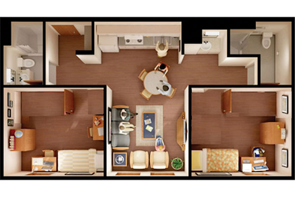 A floor plan of an apartment featuring a living area, dining space, kitchen, two bedrooms, and a bathroom.