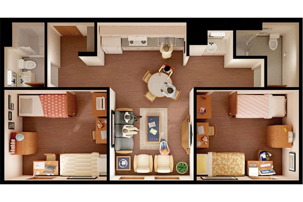 A top-down view of a floor plan for a living space, featuring two bedrooms, a shared living area, and a kitchen.