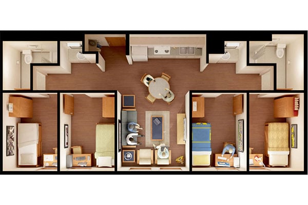 A top-down layout of a multi-room apartment, showing four bedrooms, a shared living area, and two bathrooms.