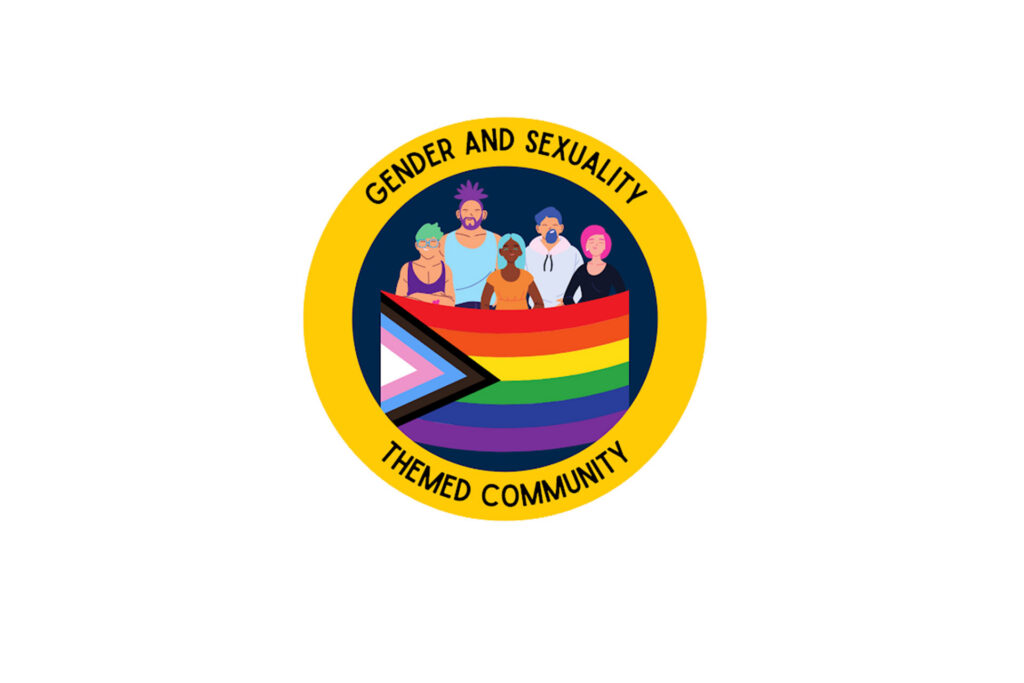 A circular logo featuring diverse individuals holding a rainbow flag, with the text "GENDER AND SEXUALITY THEMED COMMUNITY" around the edge.