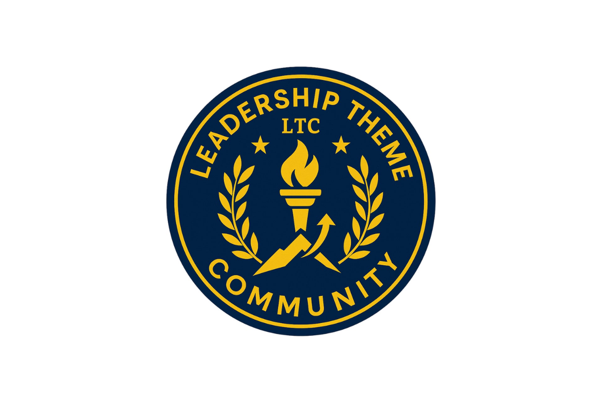 A circular emblem featuring a torch, mountains, and laurel leaves, with the text "LEADERSHIP THEME LTC COMMUNITY."