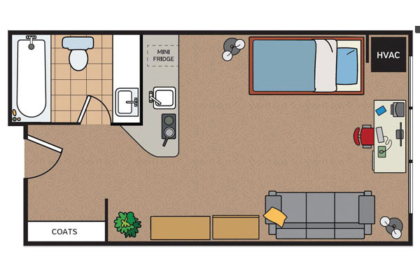 Floor plan of a small apartment featuring a bathroom, kitchen area with a mini fridge, a bedroom with a bed, and a living area with a couch and desk.