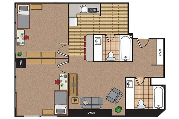 Floor plan of a two-bedroom apartment featuring a living area, kitchen, and two bathrooms.