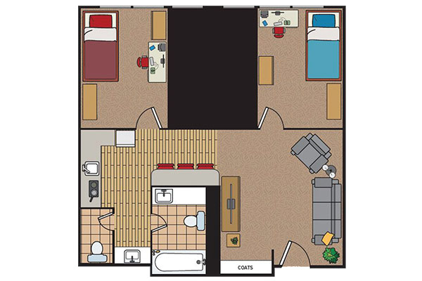 A floor plan of a small apartment featuring two bedrooms, a living area, a bathroom, and a kitchen.