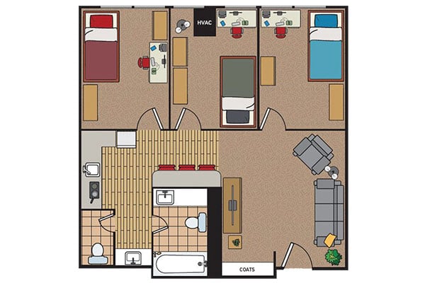 Floor plan of a living space featuring two bedrooms, a bathroom, and a common area with a kitchen and living room.