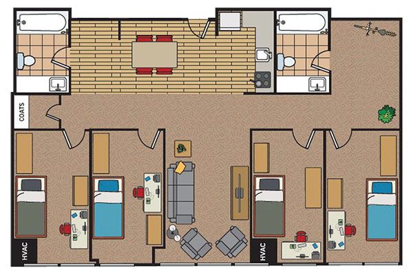 A floor plan of an apartment featuring two bathrooms, a kitchen, a dining area with a table and chairs, and three bedrooms with desks and beds.