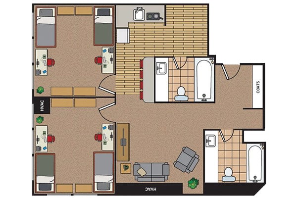 A floor plan of a two-bedroom apartment layout, featuring two bedrooms, two bathrooms, a living area, and a kitchen.