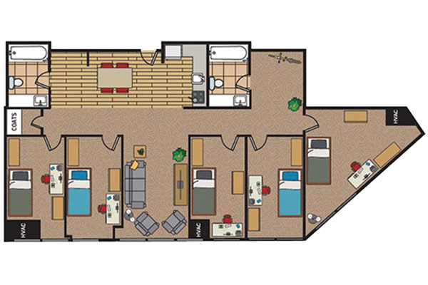 A floor plan of a living space featuring two bathrooms, a kitchen, a dining area, and multiple bedrooms with desks and beds.