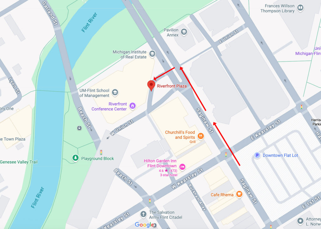 Map showing Riverfront Plaza and nearby streets, with red arrows indicating directions to various locations.