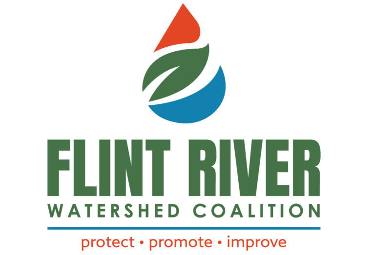 Logo of the Flint River Watershed Coalition featuring a water droplet and leaves, with the text "protect โข promote โข improve."