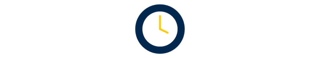 A circular clock icon with a white face, blue border, and yellow hour and minute hands.