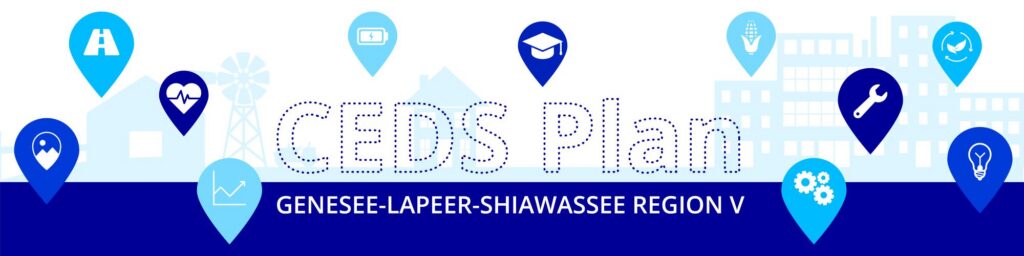 Graphic titled "CEDS Plan" for the Genesee-Lapeer-Shiawassee Region V, featuring icons representing various sectors like education, health, and industry.