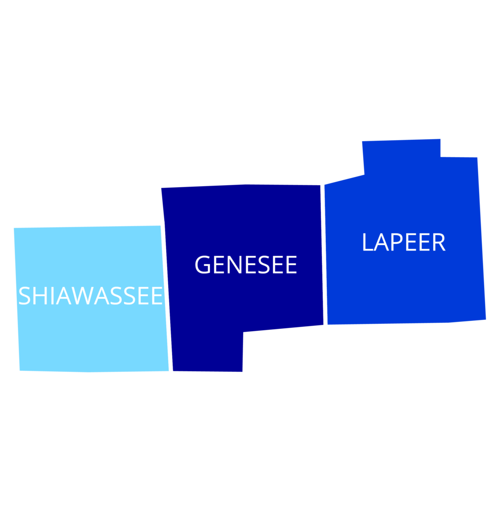 Map showing three counties: Shiawassee (light blue), Genesee (dark blue), and Lapeer (blue) with their names labeled.