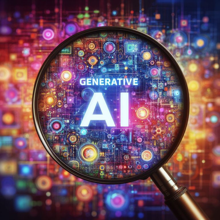 Colorful technology background with a magnifying glass over the words "Generative AI"