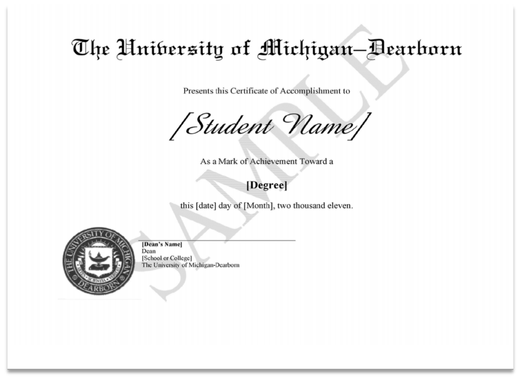 Sample certificate of achievement for the University of Dearborn