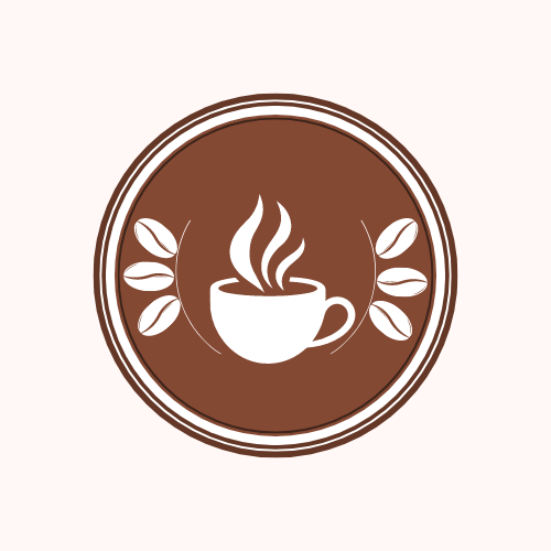 Icon of a hot cup of coffee with coffee beans around it, within a brown circle