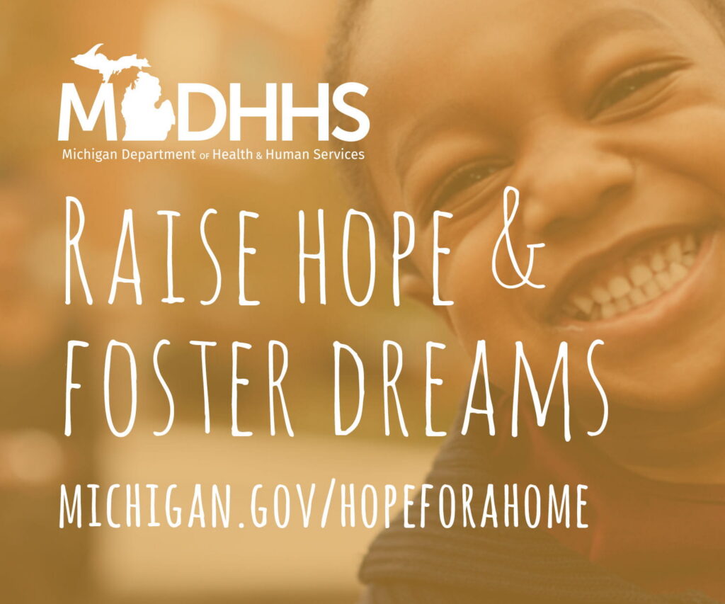 A smiling child with a blurred background, promoting the Michigan Department of Health and Human Services' foster care initiative.